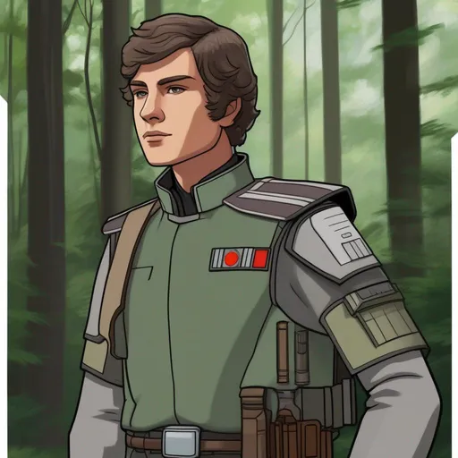 Prompt: Star wars rebel alliance male pathfinder. Green gray uniform. In background a deep forest. Rpg art. Star wars art. 2d art. 2d. Well draw face. Detailed. 