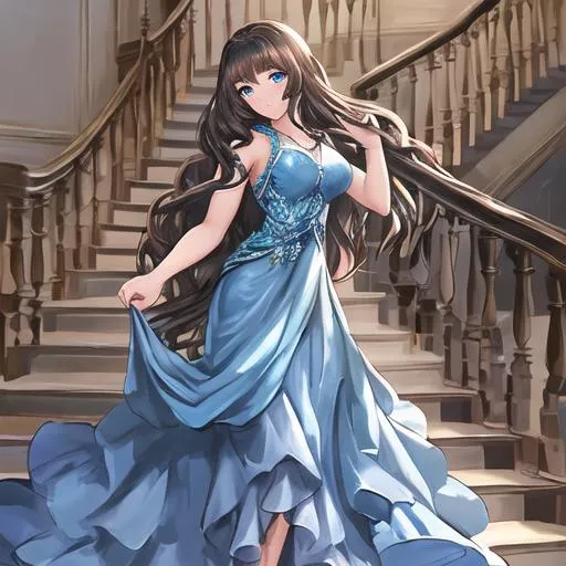 Prompt: beautiful woman with medium-length brown hair, blue eyes, a long and flowing blue dress with blue high heels coming down the stairs into the living room, blushing, happy face