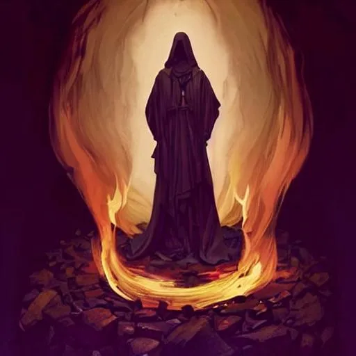 Prompt: portrait of a stunningly beautiful campfire, highly detailed, 3 5 mm photo, artstation, concept art, sharp focus, 2 8 mm macro photo, art by artgerm and greg rutkowski and alphonse mucha, incredibly beautiful and symmetrical, incredibly detailed, award winning art, royal, campire, woman with no face in black robes with hood, faceless, campfire, orange eyes, glowing eyes, round hood, rounded hood, cleric surrounded by zombies, highly detailed, digital painting, artstation, concept art, smooth, sharp focus, illustration, art by artgerm and greg rutkowski and alphonse mucha and andrei riabovitchev