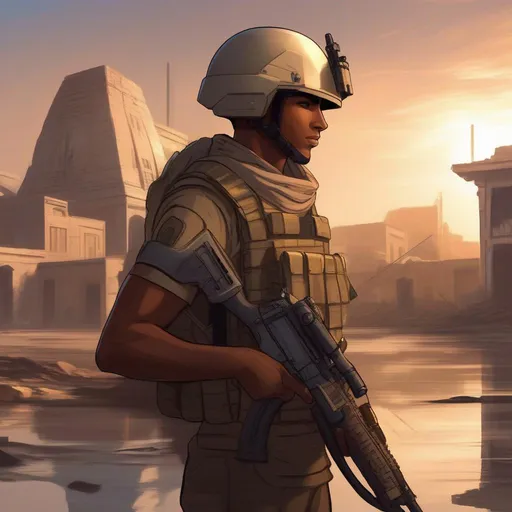 Prompt: Egyptian male soldier He wears a full helmet. He helds a rifle. In background ruins of a flooded City. Scifi soldiers. RPG art. Fading suns art. Scifi art. american soldier. american WWI helmet. anime art. studio trigger art.2d. 2d art.