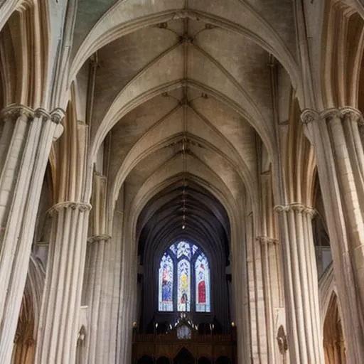 Prompt: a view from behind abraham lincoln as he stands in the nave of National Cathedral in Washington DC looking upward 