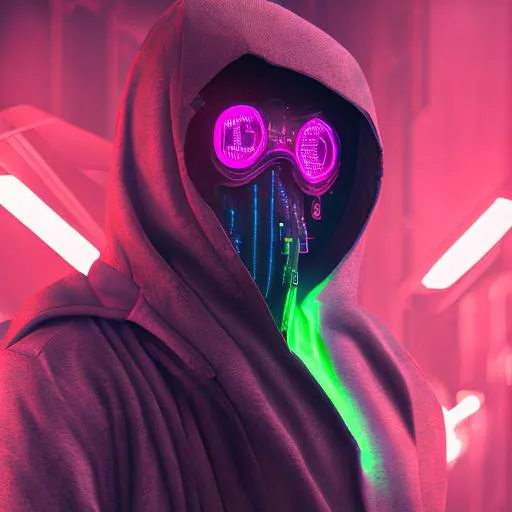 Prompt: Quality, detailed, 8k, cyberpunk, hooded figure, glowing mask, neon back lighting, air particles