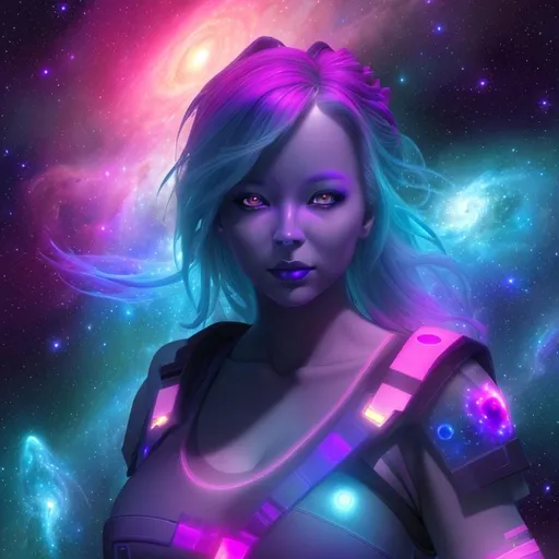 Prompt: Happy, vivid, nebula, 3D, HD, full-body,  plasma ({Female}Goddess as expansive cosmic background --s98500