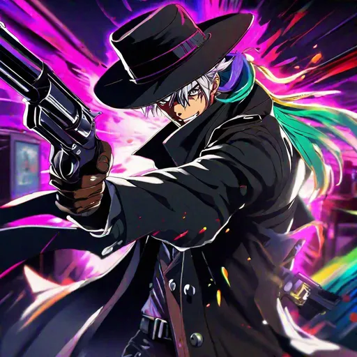 Prompt: insane, anime character with wild mixed color hair in black trench coat and cowboys hat with a psychotic smile in a bar pistol standoff Dual wielding 2 revolvers lead over the top unloading rounds, trippy background, zoomed out, aesthetic scars, hallucinations, power, high definition, professional brush strokes 