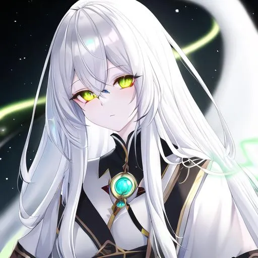 Prompt: female ghost (long white hair, slightly pale skin, glowing green eyes), UHD, 8K, 
