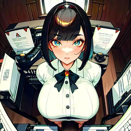 Prompt: a lonely AI girl, very tall, thick thighs, wide hips, huge glutes, long legs, arms, slender waist, big beautiful symmetrical eyes, intriguingly beautiful face, aloof expression, symmetrical face, bob haircut with bangs, 40's fashion, wearing old-fashioned formal business clothes, sitting, typing on a typewriter, working in an office, 36K resolution, 12K raytracing, hyper-professional, impossible quality, impossible resolution, impossible detail, hyper output