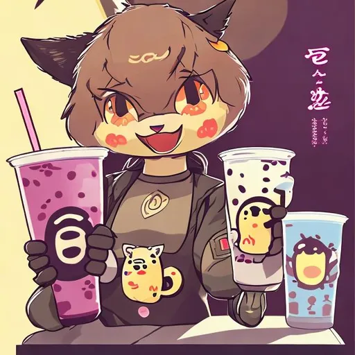 Prompt: anime bobcat holding boba tea