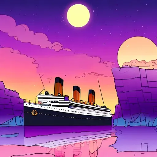 Prompt: cartoon titanic with light pink and purple sunset