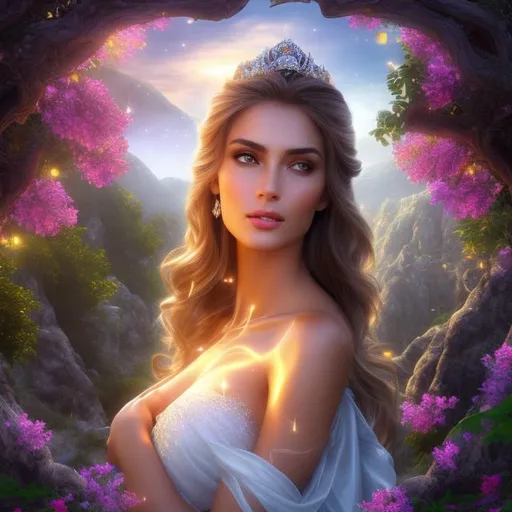 Prompt: HD 4k 3D 8k professional modeling photo hyper realistic mysterious beautiful women ethereal greek goddess of deceit and lies
brown straight hair dark eyes gorgeous face brown skin  shimmering dress with sash tiara with veil winged feet full body surrounded by magical glowing light hd landscape background island of crete jungle vegetation beetles and smoke