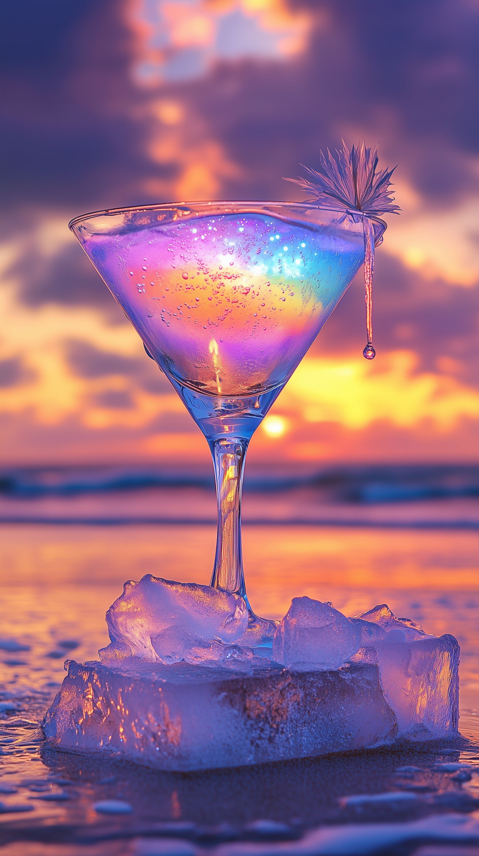 Prompt:  A tall frosty frozen tropical drink, in a see through martini glass, dripping water down the side, the drink is tinted with the northern lights inside the liquid, drink sits on a block of ice in the middle of a tropical beach at sun set with colorful whispy clouds, close up on the drink, beautiful crystal sand