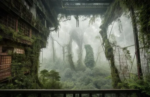 Prompt: view from within massive threatening forest called the sea of leaves with trees and plants bigger than skyscrapers, vines and moss, plants and roots crack through walls, heavily overgrown,  Some remains of building from a long abandoned urban city pop out in between the canopy of green, heavily overgrown, twilight darkness, rainy, night time, overgrown streets, overgrown vehicles, rubble, apocalyptic, no lights, desolate,