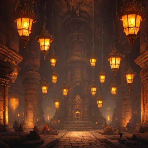 Prompt: cavernous fantasy underground dwarven hall with hundreds of brass lamps hanging overhead and a ziggurat style pyramid in the background, dimly lit realistic concept art
