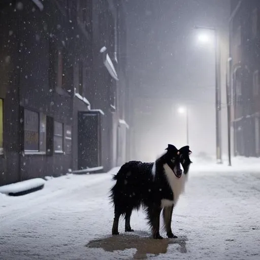 Prompt: man standing alone in the middle of a dark city street at night in the middle of a heavy snowfall, his medium haired black and white fur covered border collie nearby 