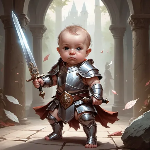 Prompt: A medival baby warrior with a sword ready to fight in a Magic the gathering art style