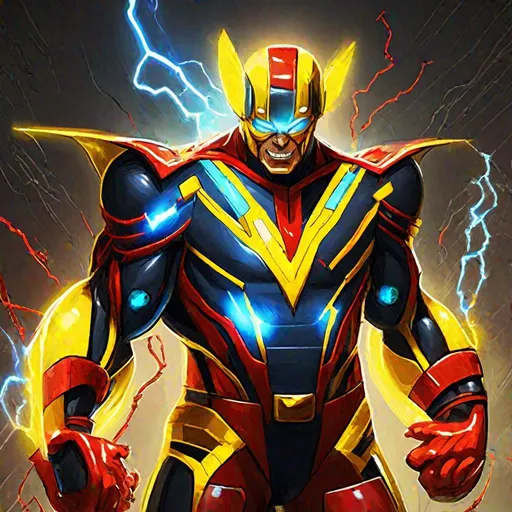 Prompt: Elec Man who is a robot master in yellow red and black with a yellow supervillain-like lighting mask, blue electric bolts surge from him electrocuting everything and anyone around him, Masterpiece, Best Quality, In Nightmare Fuel Style 