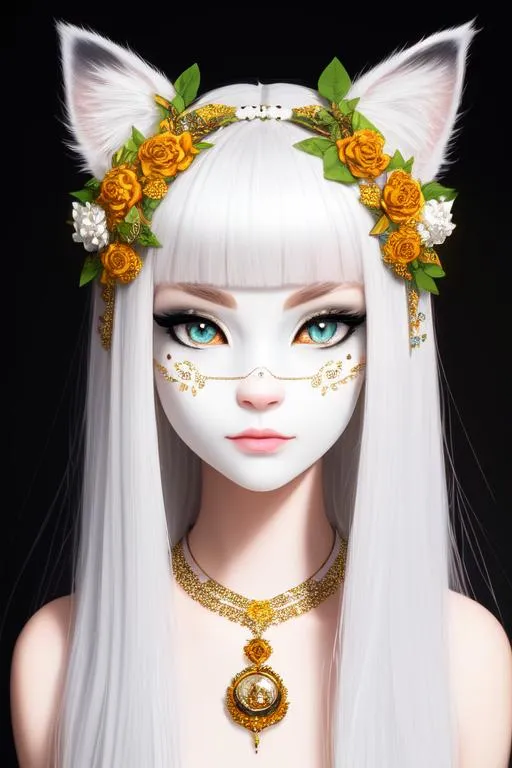 Prompt: half-body portrait, an extremely cute cat girl, between a human face and a cat face, a detailed bling-bling cat nose, half furry body, half-human pale white skin, Druid tattoo, ceramic flower vines, intricate ceramic flower skin, intricate iridescence  details, cat's whiskers, sharp eye, cat eye, clean eye, delicate diamond amber eye, delicate intricate iridescence  details, highly featured, attractive characteristics,
Pixar and Disney, UHD, high definition, high fidelity, beautiful lit, surreal dream lighting, cold air, ethereal vibe, 
ray tracing render, malformed limb