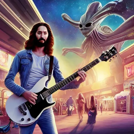 Prompt: Alien Jesus playing a double-necked Guitar for spare change in a busy alien mall, widescreen, infinity vanishing point, galaxy background, surprise easter egg