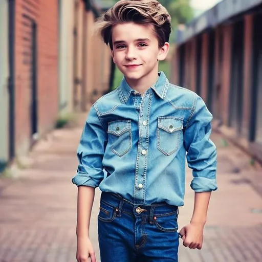 Prompt: Cute smart boy, hairstyles,denim shirt, blue jeans natural background 