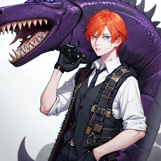 Prompt: Erikku male (short ginger hair, freckles, right eye blue left eye purple), UHD, 8K, Highly detailed, insane detail, best quality, high quality. hands in his pockets, in hell, holding a chainsaw