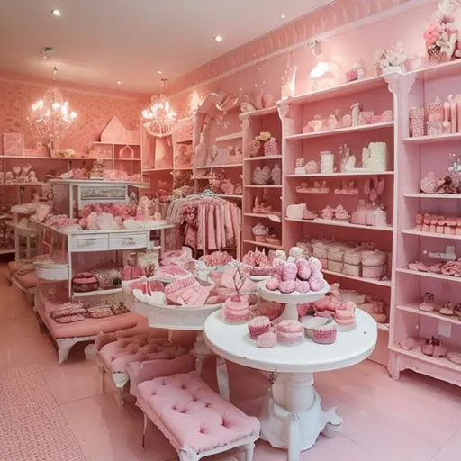 Prompt: a pretty pink boutique with delicious desserts