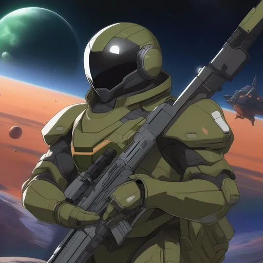 Prompt: Seen from distance. Whole body. Full figure. An african scifi soldier in olive green armor. He has a Destiny 2 helmet. 
He wields a rifle. In background a scifi station in space. Anime. Rpg art. Akira art. 2d art. 2d. 