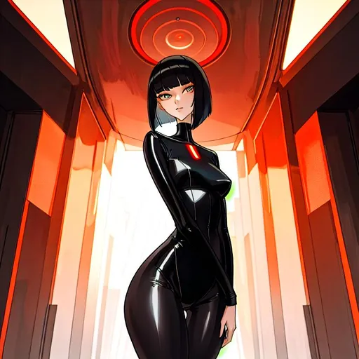 Prompt: a lonely AI girl, very tall, thick thighs, wide hips, long legs, slender waist, big beautiful symmetrical eyes, intriguingly beautiful face, aloof expression, bob haircut with bangs, Brutalism art style, 12K resolution, hyper quality, hyper-detailed, depth of field