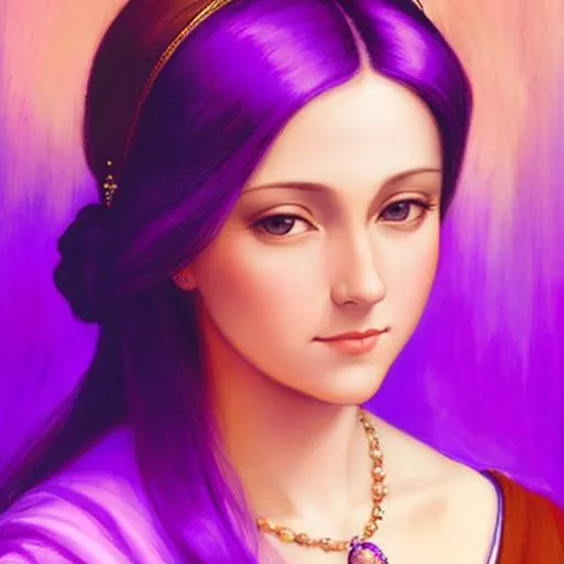 Prompt: A portrait of a woman in the style of Leonardo De Vinci wearing purple c!othes, pastel background