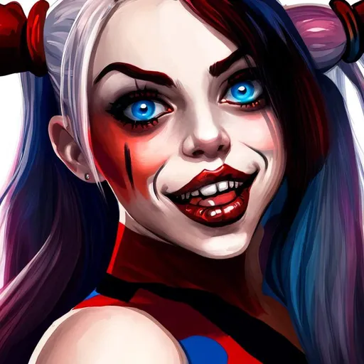 Prompt: Beautiful woman Harley Quinn cartoon portrait 