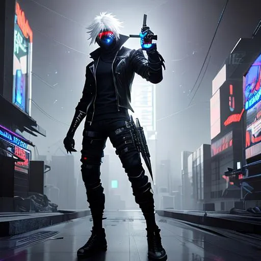 Prompt: A Cyberpunk male rogue with a glowing black knife  a half led mask and white messy hair, fullbody, unreal engine, 64k