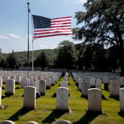 Prompt: a flag waving over the tombstone of a soldier