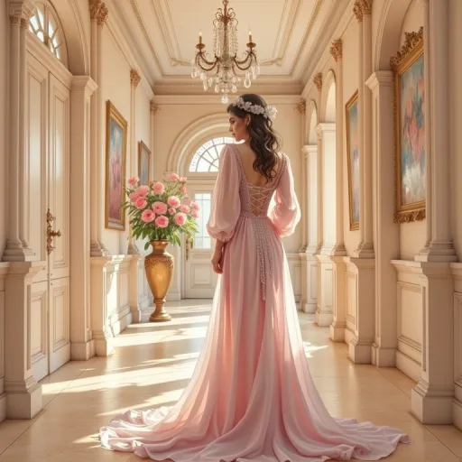 Prompt: This is a digitally created, photorealistic image of a woman standing in an opulent, grand hallway. The woman is positioned with her back to the viewer, showcasing a luxurious, floor-length, pale pink gown that has long, puffed sleeves and a lace-up back. The dress is adorned with delicate, sparkling embellishments that catch the light. Her long, wavy brown hair is adorned with a delicate, white floral headpiece. She stands gracefully in the center of the hallway, her right hand gently touching the side of her dress.

The hallway is lavishly decorated with ornate, cream-colored moldings and arched ceilings, giving it a classical, baroque style. A grand, crystal chandelier hangs from the ceiling, casting a soft, warm light throughout the space. The walls are lined with tall, white panel doors, some of which are partially open, revealing glimpses of the rooms beyond. On the left side of the image, there is a tall, golden vase filled with pink roses, adding a touch of freshness to the elegant setting. The floor is made of polished, cream-colored tiles that reflect the light, enhancing the hallway's luxurious atmosphere. The overall composition exudes a sense of timeless elegance and grace.