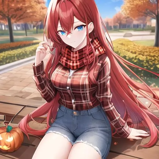 Prompt: Zerif 1male (long Red side-swept hair covering his right eye, blue eyes), highly detailed face, wearing a cozy flannel shirt and a pair of stylish jeans. In the park, fall.  wearing a scarf, looking up at the sky, in a pumpkin patch,  young adult. Handsome,  detailed, UHD, HD, 4K, highly detailed, red haze, masculine, anime style