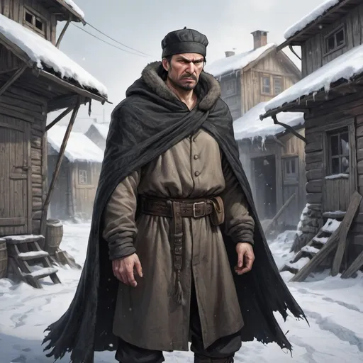 Prompt: Full body, Fantasy illustration of a male russian, brigand, 40 years old, angry expression, traditional garment and für cap, cloak, black hair and stubble, high quality, rpg-fantasy, detailed, snow covered slums background