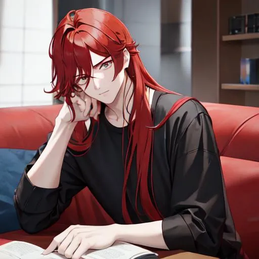 Prompt: Zerif 1male (Red side-swept hair covering his right eye) reading, wearing a black shirt, wearing denim pants, UHD, 8K, highly detailed