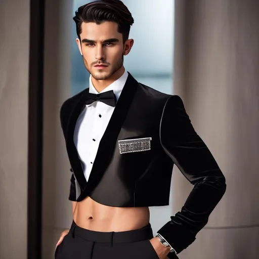 Prompt: Make a photo of an attractive young man with a six pack abs and long wavy hair wearing a crop top black long sleeve tuxedo with a bowtie, Black tuxedo pants, and a bare midriff, he also has an exposed belly button, he has hands on the side it is zoomed in on his midriff, showcasing his abs, highly detailed, stock camera, id magazine, hyperrealism, detailed textures, photorealistic, 3 d city, ultra realistic, cinematic, intricate, cinematic light, unreal engine 8 k, octane render, unreal engine, david kostic, artgerm