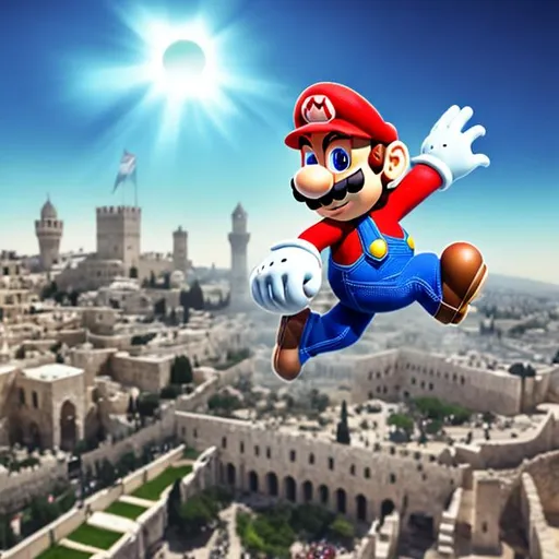 Prompt: Mario levitating over jerusalem 