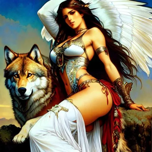 Prompt: Alphonse Mucha, Boris Vallejo, Luis Royo, Ayami Kojima; native American woman warrior, fierce eyes, cynical smile, beautiful and angelic, full body pose with huge wolf