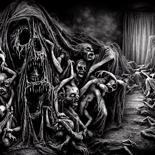 Prompt: A realistic hyper detailed image of the depressed dark and scary detailed and realistic looking in from the outside of hell of the worst fear anyone has ever had nightmares demons with blank faces Different images or items in image that are all apart of the the whole nightmare demonic energy haunting and deep 