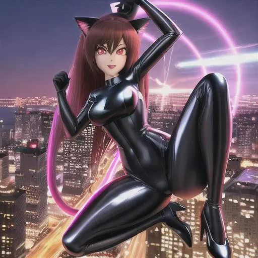 Prompt: 3d model of Elastigirl with cat ears, cat paws, cat tail, ((dynamic pose)), ((shiny metallic suit)), ((glowing eyes)), and ((city skyline backdrop)).