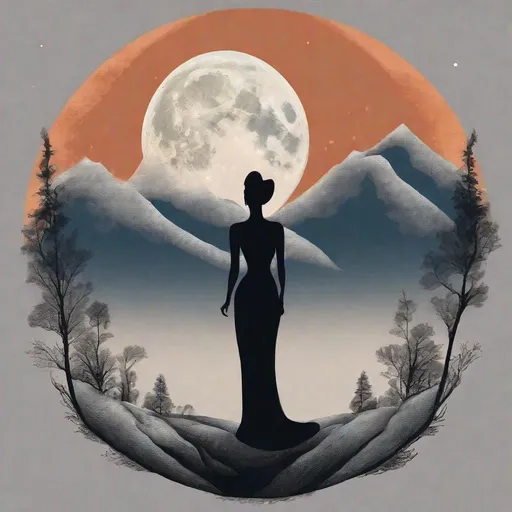 Prompt: when the moon shines, the silhouette of the beauty appears, the big moon on mountain contrasts the elegant woman standing