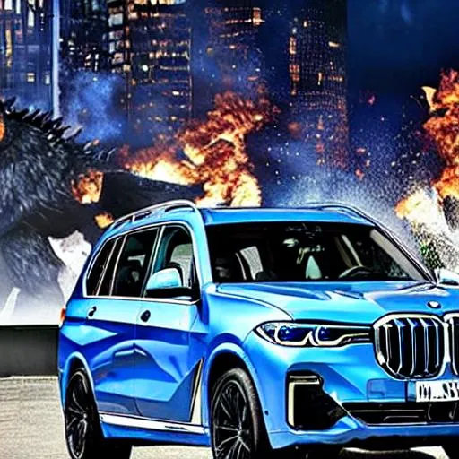 Prompt: BMW X7, STEEL BLUE COLOR, same on fire with Godzilla in the background