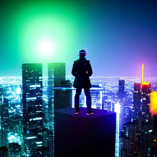 Prompt: a cyber punk sitting high up on a tower smoking a joint 