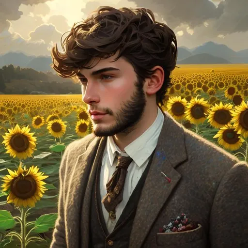 Prompt: Splash art portrait of ruggedly handsome, androgynous, feminine, dark brown haired man with short hair, very extremely light facial hair stubble, 30 years old, in a sunflower field, victorian light clothes, elegant, highly detailed, intricate, smooth, sharp focus, artstation, digital painting, concept art, art by greg rutkowski, alphonse mucha and John William Waterhouse, light, romantic, happy, soft, gentle, golden, warm, summer