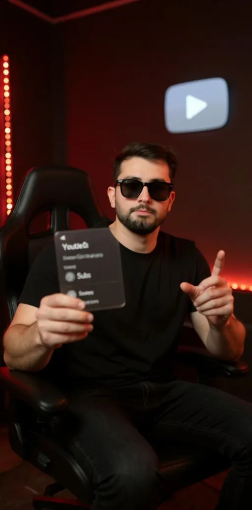 Prompt: "Make a cinematic, ultra-realistic image of me sitting confidently in a YouTube creator studio. I’m wearing black sunglasses and sitting in a stylish black gaming chair. In my right hand, I’m holding a transparent glass-like card showing my YouTube channel stats (name, subs). In my left hand, I’m pointing at the card proudly. Behind me, there’s a YouTube Silver Play Button on the wall and glowing red LED lights. The room has dramatic lighting, a modern YouTube vibe, and a professional studio look."