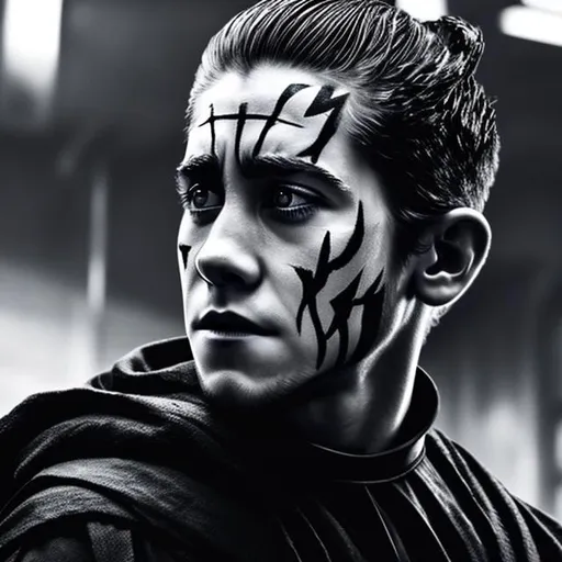 Prompt: monochrome, young jake gyllenhaal, undercut hairstyle, darth maul face paint