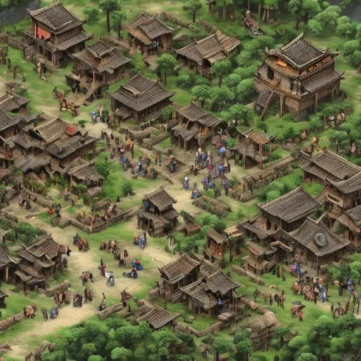 Prompt: realistic village, people bustling about, warriors, forest, mixed races