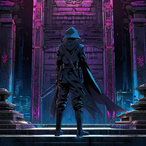 Prompt: anime cyberpunk ninja standing in front of a tomb, highly detailed, HD, dark background, neo tokyo, hayao miyazaki