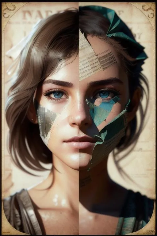 Prompt: ((best quality)), ((masterpiece)), ((realistic)),,octane render, digital painting, Trending on artstation, hyperrealistic, inanimate object, ((8k)), extremely detailed, studio lighting, sharp focus, apocalypse, post-apocalyptic) beautiful girl face peeks out of the  an old crumpled newspaper: The paper feels thin and brittle, turning to dust under the slightest pressure. Its yellowed pages are marked with smudges and crinkles, barely holding together.