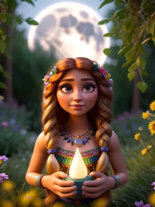 Prompt: Disney Pixar style mexican fortune teller with long rainbow hair, tan skin tone, highly detailed, intricate, big eyes, adorable, beautiful, soft dramatic lighting, light shafts, full moon, radiant, ultra high quality octane render, night time, night forest background, field of flowers, bokeh, hypermaximalist