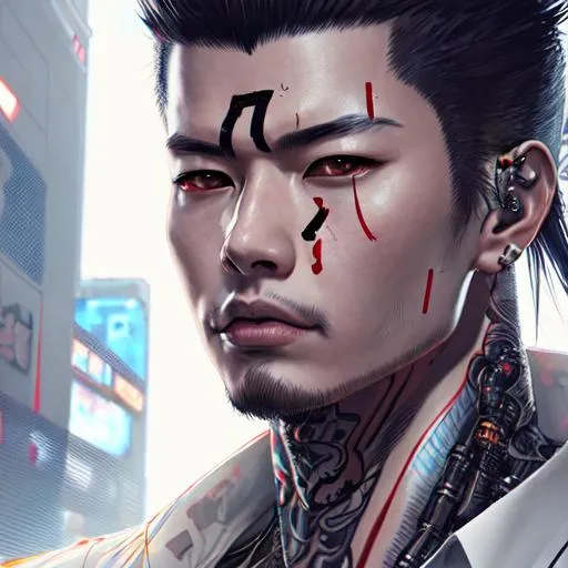 Prompt: Portrait of Japanese yakuza bionic young man, cyberpunk, futuristic, perfect composition, hyperrealistic, super detailed, 8k, high quality, trending art, trending on artstation, sharp focus, intricate details, highly detailed, by greg Rutkowski, Ryan Hewett 